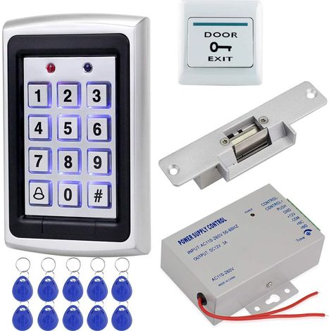 1 Kit Contrôle d'accès, Clavier RFID Métal, Serrure Électrique NC, Alimentation 12V, Bouton Sortie, 10 Porte-clés, Pour Porte Bois Métal