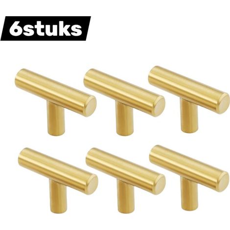 6 pièces - Poignée - Or brossé - Trou unique - Acier inoxydable - Forme de tube creux - Poignée moderne pour armoire et tiroir - Or et T - Or (1/5)