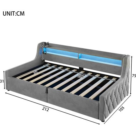 Lit Banquette Coffre 90x200 cm avec LED Multicolore, Rangement Hydraulique, Revêtement Doux, Matelas Non Inclus, Gris (1/5)