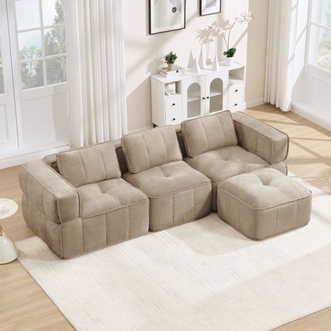 Divano angolare modulare 3 posti 271x162x67 cm con pouf, schiuma 32D, senza montaggio, poliestere sabbia (1/5)