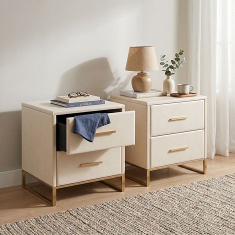 Lot de 2 Tables de chevet 40x40x50cm avec 2 tiroirs, Velours et pieds en métal doré, Style moderne, Beige (1/5)