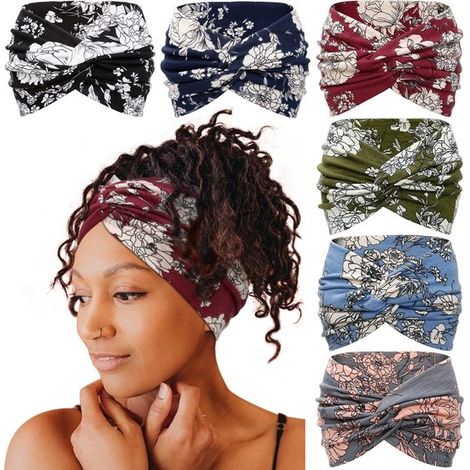 Diadema ancha para mujer, turbante de 7 pulgadas con estampado floral, diadema bohemia, accesorios para el cabello trenzado, conjunto de 6 piezas (1/5)