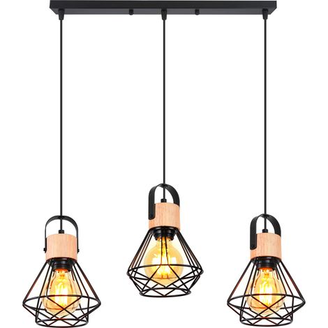 Suspension Luminaire Rétro 3 Lumières Lampe À Suspension Vintage Plafonnier D'Intérieur Moderne En Métal Et En Bois Noir