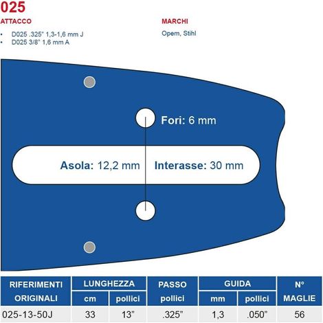Barra motosega 33 cm - 13" passo .325", spessore 1.3 mm - .050" attacco 025, 56 maglie 452714