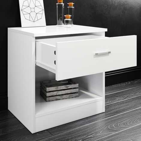 ELEGANT Bedside Table White Design Nightstand 1 Drawer Modern Bedside Cabinet Storage Unit