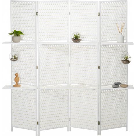 Paravent bambou blanc 181x180 cm pliable 4 panneaux, 2 étagères pin chambre (1/5)