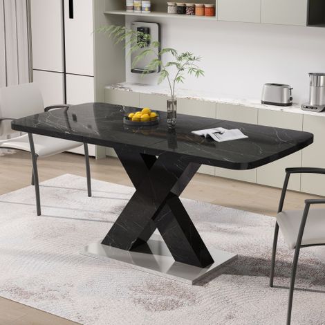 Table de salle à manger extensible 120/160x80x76,5 cm, plateau imprimé marbre, pieds en MDF et base en métal, noir (1/5)