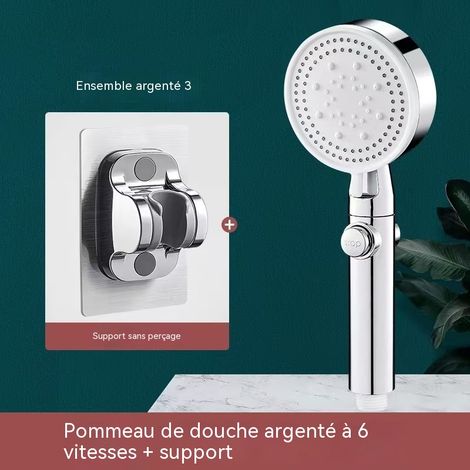 Ensemble de douche à effet pluie, ensemble de douchette haute pression 6 jets (support), argent, pour salle de bain