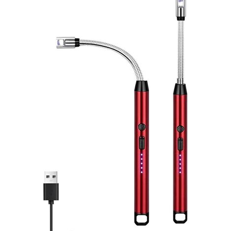 Lot de 2 briquets électriques coupe-vent sans flamme avec col flexible à 360° et affichage LED pour foyers de camping et barbecues, rouge. (1/5)