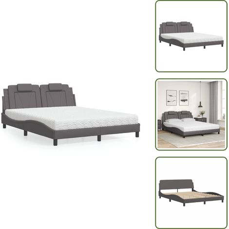 The Living Store Lit Viana avec matelas gris 160x200 cm similicuir - Matelas en mousse (1/5)