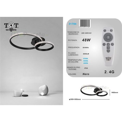 Plafoniera led 48w 2 cerchi effetto cristallo con telecomando moderno anelli circolare bianco oro nero  Nero