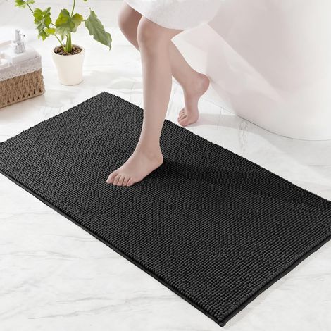 1 Tapis de bain, chenille, antidérapant, absorbant, séchage rapide, lavable en machine, pour salle de bain, 60x90 cm, noir
