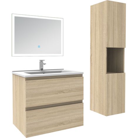 Ensemble meuble de salle de bain 60cm, vasque céramique + colonne haut + miroir lumineux, chêne