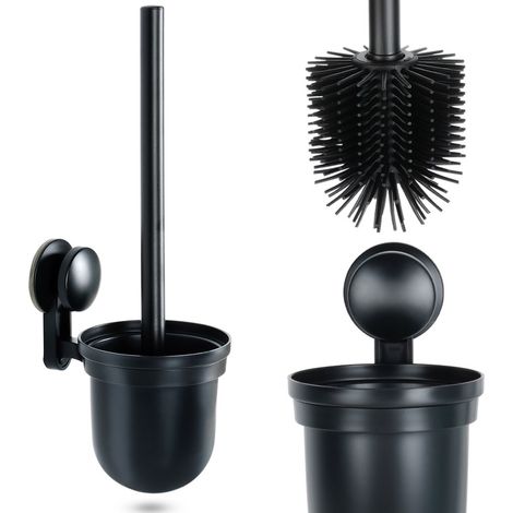 Cepillo de inodoro de silicona con recipiente, colgante, negro, 35 cm