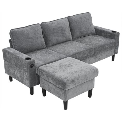 Canapé 3 places en lin gris avec USB/Type-C et double porte-gobelets,convertible en forme L pour salon et appartement. (1/5)