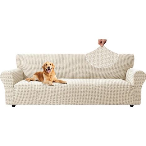 Stretch Sofa Überzug 4 Sitzer, Sofaschoner rutschfest mit Armlehne, Jacquard Sofabezug, waschbar, beige (1/5)