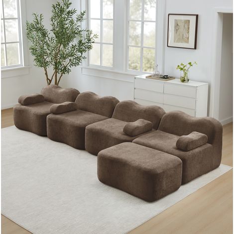 Sofá rinconero modular de 4 plazas sin armazón con otomana, terciopelo marrón, 384 cm (1/5)