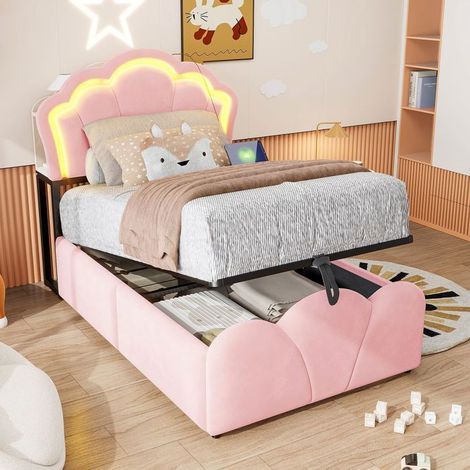 Lit Rangement Enfant 90x200 Rose Velours Doux Eclairages LEDs - Lit Enfant - Tête Fleur Prises Intégrées Grand Coffre Stockage Fille (1/5)