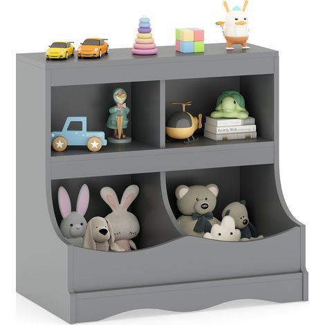 COSTWAY Toy Storage Organizer 4-Cubby Kids Bookcase for Toys & Books-Grey (1/5)