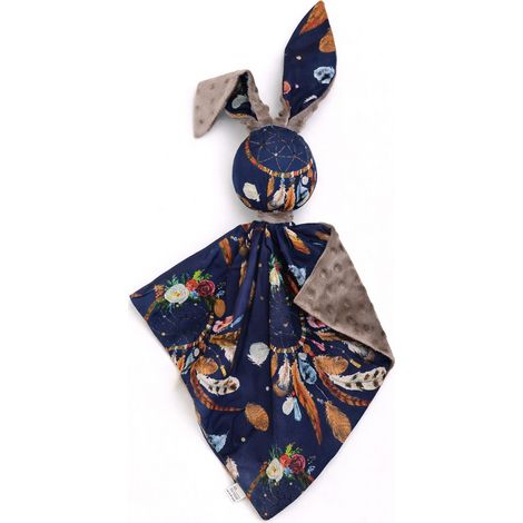Peluche lapin Doudou, double face en coton et minky - Attrape-rêves bleu marine - marron (1/5)