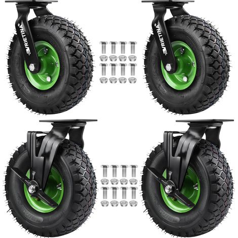 4 Stück 360° Lenkrollen mit Bremse Set Ø 250 x 90 mm Rad, Ruhig Luftrad auf Stahlfelge Schwartz mit Stoßdämpfung, Bollerwagen & Transportwagen Kit (2 Lenkrollen 2 Bremsrollen)