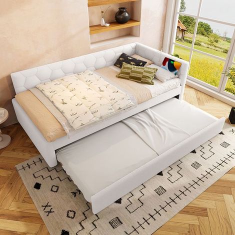 Canapé‑lit 90x200 cm avec sommier à lattes, lit gigogne, lampe de chevet et USB‑C, blanc (sans matelas)