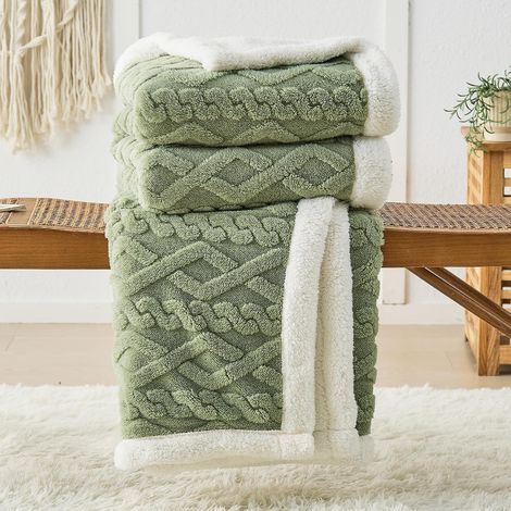 Plaid sherpa lesté 150×200 cm vert, tissu 3D câble double face, dessus de lit chaud (1/5)