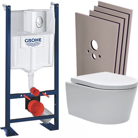 Grohe Pack WC bâti autoportant + WC sans bride SAT + Abattant softclose + Plaque chrome mat + Set habillage (1/5)