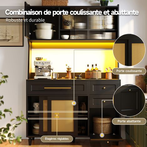 Armoire de cuisine, haute armoire, vitrineuse, armoire à buffet avec des compartiments réglables. Armoire de salon avec 3 tiroirs. Planche de rangement équipée d’éclairage LED. Matériau : PE-rattan, c (1/5)