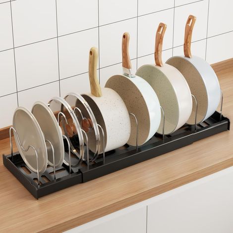 1 Support Couvercle Extensible, 32-56 Cm, 9 Séparateurs Acier, Rangement Casserole, Poêle, Tiroir Cuisine (1/5)