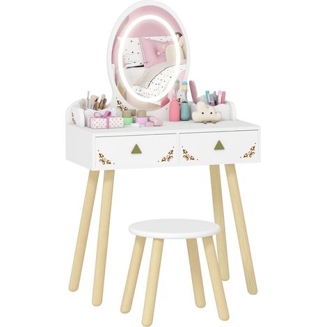 AIYAPLAY tocador de maquillaje niña con luces LED de 3 colores, tocador infantil con taburete, espejo, 2 cajones, 2 cajas, para niños +3 años, blanco