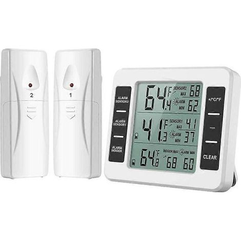 Thermomètre pour réfrigérateur-congélateur, thermomètre sans fil avec 2 capteurs, alarme sonore, min/max, thermomètre intérieur/extérieur pour la cuisine et le congélateur. (1/5)