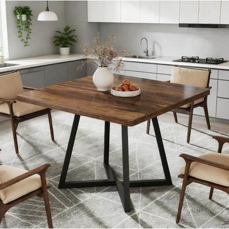 Mesa de comedor 80x80 cm marrón rústico en MDF y metal con estilo industrial (1/5)