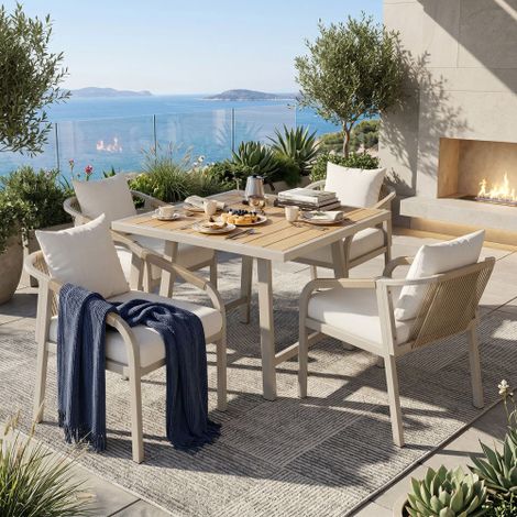 Set da tavolo per il giardino, composto da tavolo e 4 sedie, per 4 persone. Struttura in tubi d'acciaio zincato, superficie del tavolo in plastica simile al legno, design con intreccio a corda, colore