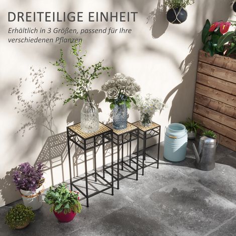 Lot de 3 supports à plantes rond, empilable, effet rotin, piètement métallique, intérieur/extérieur, noir et doré