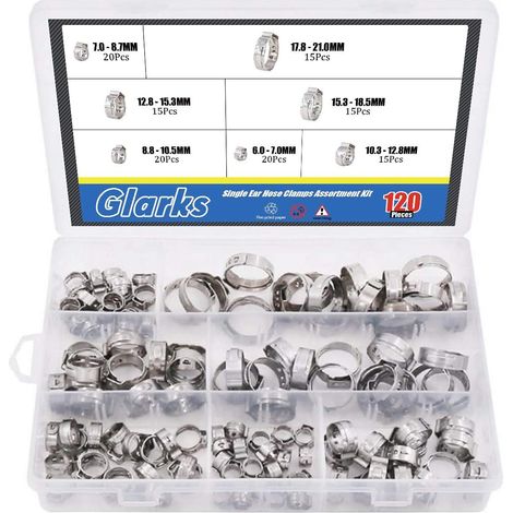 120 pièces colliers de serrage à oreille unique 7-21mm en acier inoxydable 304 kit d'assortiment (1/5)