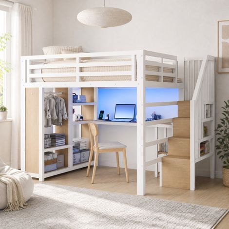 Hochbett 140x200 cm aus Metall mit Schreibtisch, LED, offenem Schrank, Treppe und Stauraum, weiß (1/5)