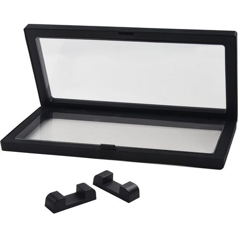 Présentoir à bijoux 3D avec cadre flottant transparent avec film anti-choc pour bagues, pièces de monnaie, badges, spécimens, 230 x 110 x 20 mm (noir) (1/5)