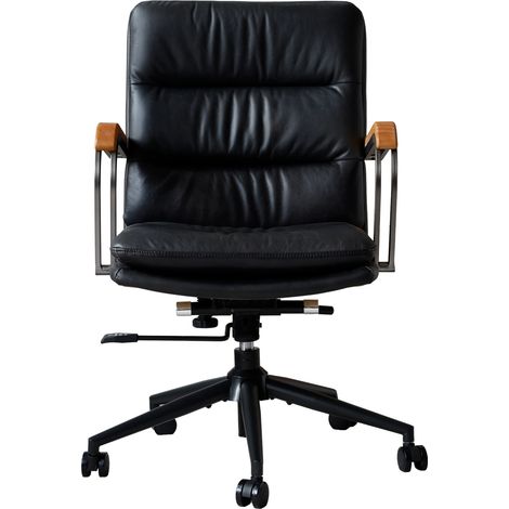 Silla de oficina de piel negra con reposabrazos de roble, altura regulable y ruedas (1/5)
