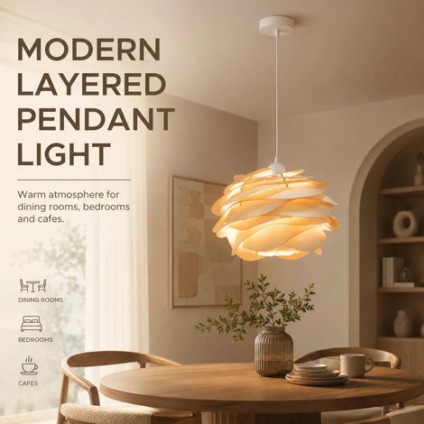 JOYINLED 30 cm Pendelleuchte aus Naturholz (Design mit geschichteten Blütenblättern) – Skulpturale Leuchte mit verstellbarem 150-cm-Kabel für Kücheninsel, Esszimmer oder Café (Landhausstil) (1/5)