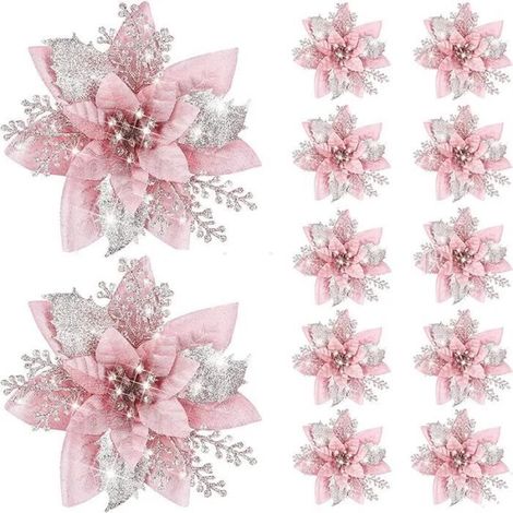 Fleurs Artificielles à Paillettes de 14.5cm,10 Pièces, Décoration d'Arbre de Noël, Ornements de Noël, Fausses Fleurs Natales-Rose (1/4)