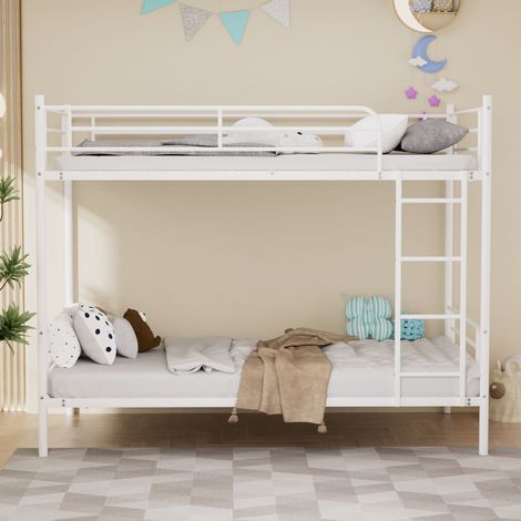 Letto a castello 90x190 cm, letto a soppalco con scaletta in metallo e sponda alta, letto a castello con scaletta, letto a castello con struttura in ferro e protezione anticaduta, bianco (1/5)