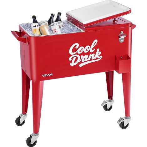 Glacière à Roulettes Isotherme Contenance de 75,71 L 50 Bouteilles/110 Canettes, Chariot Bar Extérieur avec Décapsuleur, Chariot Réfrigéré à Boissons pour Terrasse Jardin Café Bar, Rouge (1/5)