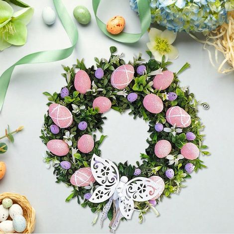 Couronne de Fleurs d'Œufs de Pâques pour Porte d'Entrée, Couronne Florale Œufs de Printemps-Été, pour Décoration Maison d'Intérieur et Extérieur pour Pâques (1/4)