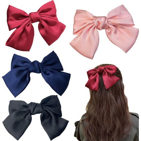 4 Barrettes à Cheveux en Satin avec Noeud Papillon (Rouge, Bleu, Noir, Rose) - Pince Bec de Canard - Accessoires Cheveux pour Filles (1/5)