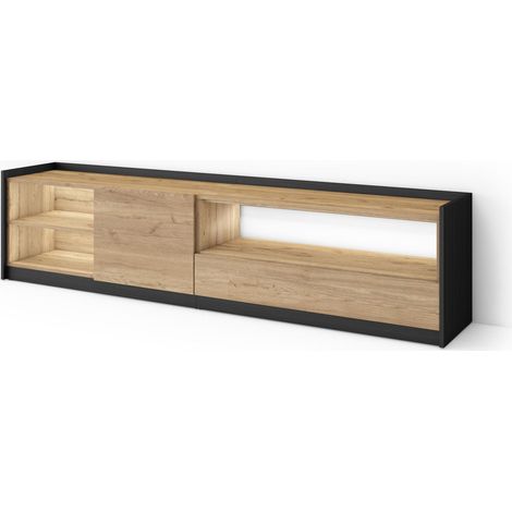 Skraut Home - Mueble TV, Televisión, Muebles de salón, almacenaje, 207x37x50cm, Para TV hasta 80", LED, Estilo Moderno, Roble y negro (1/5)