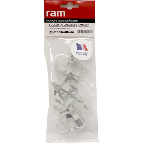5 colliers chevilles RAMCLIP double gris pour tube nu Ø20 - RAM (1/2)