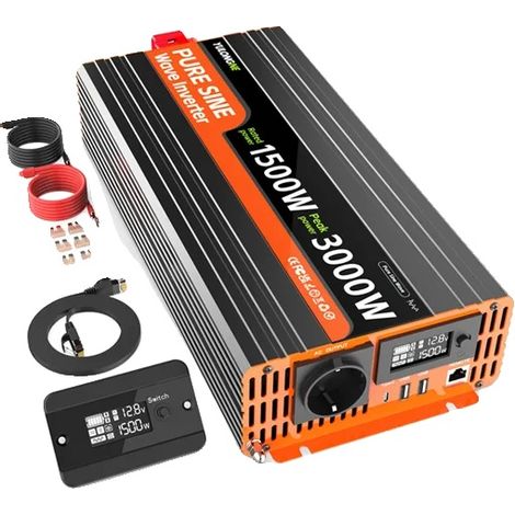 Inversor de voltaje, 1500 W continuos, 3000 W pico, entrada de 12 V CC, salida de 230 V CA, 2 puertos USB y 1 puerto Tipo-C. (1/5)