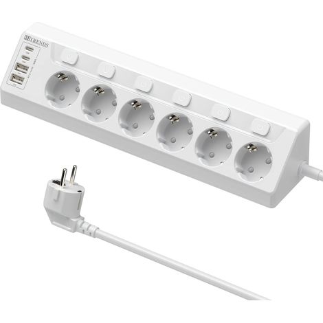 (Blanc) Multiprise secteur 6 prises aux normes européennes avec multiprise d'angle, 2 ports USB et 2 ports Type-C, hub de charge rapide. (1/5)