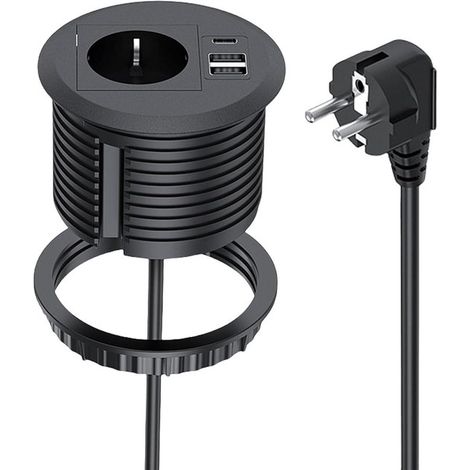 Enchufe empotrado con USB C PD20W y 2 puertos USB,enchufe de escritorio negro apto para orificios de mesa de 80 mm para una carga y uso sencillos (1/5)